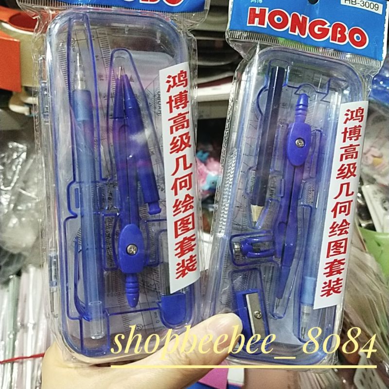 Bộ compa bút chì, eke thước kẻ đo độ hộp nhựa trong suốt 3009
