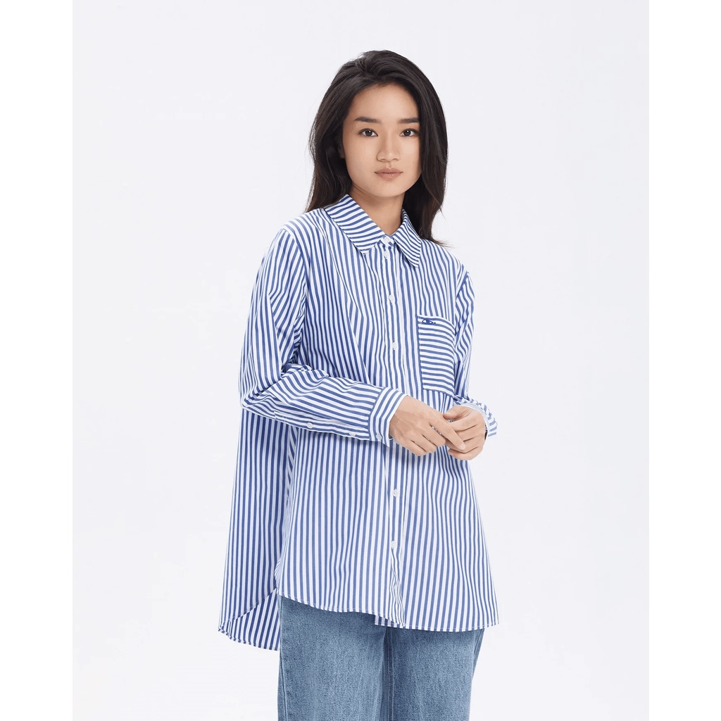 TheBlueTshirt - Áo Sơ Mi Nữ Phom Rộng Sọc Xanh Dương Nhạt - Oversized Pocket Shirt - Mild Stripe