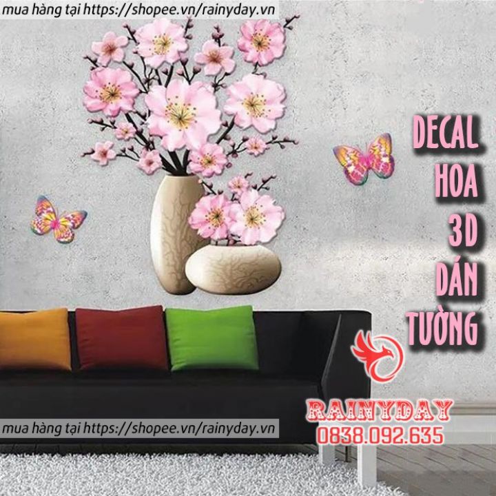 Tranh dán tường 3D treo phòng khách, phòng ngủ trang trí đẹp hình bình lọ hoa hồng/sen/trà/đào