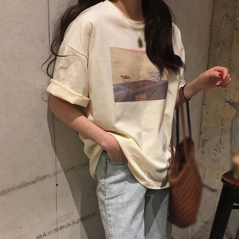 Áo Thun Tay Lỡ Áo Thun Tay Ngắn Cổ Tròn In Họa Tiết Thời Trang Cho Nữ Áo Thun Form Rộng