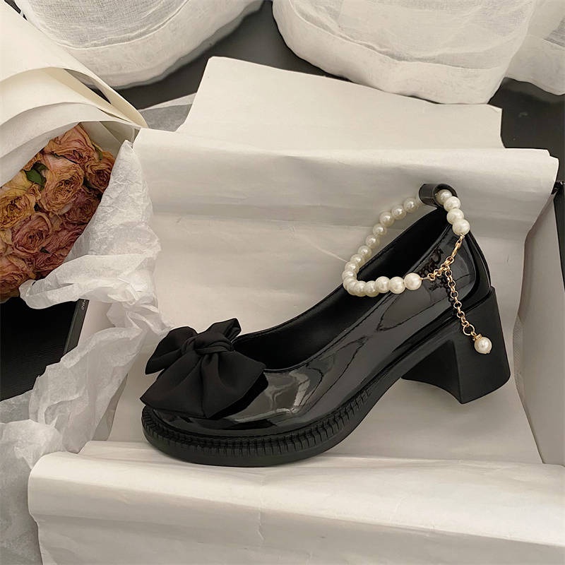 Giày lolita đê cao Giày Cao Gót Mary Jane Mũi Tròn Đính Nơ Phối Dây Ngọc Trai Phong Cách Thời Trang Mùa Hè 2022 Mới
