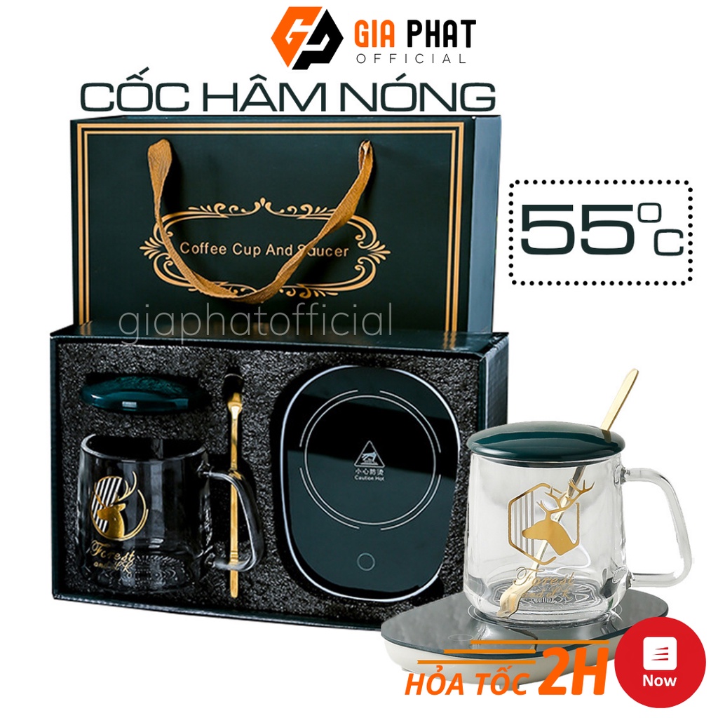 Cốc Hâm Nóng Hình Hươu Cốc Thủy Tinh Trong Suôts Kèm Đế Điện,Hâm Nóng Cafe,Sữa Có Tặng Kèm Thìa Mạ Vàng, Hộp Qùa Tặng