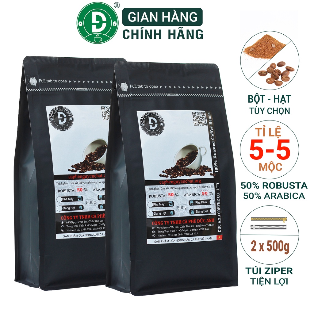 1kg Cà Phê Hạt Pha Máy D55 (50% Robusta+50% Arabica) Rang Mộc Tỉ Lệ 5-5 DUC ANH COFFEE Cà p Phê Đức Anh