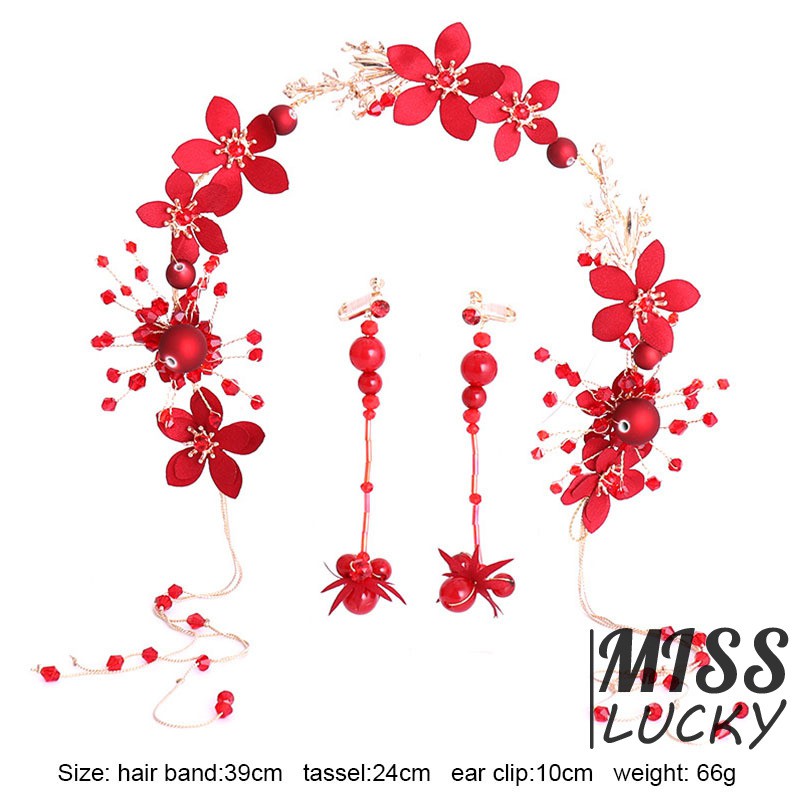 Set cài tóc + khuyên tai đính hoa và ngọc trai giả màu đỏ thanh lịch cho cô dâu