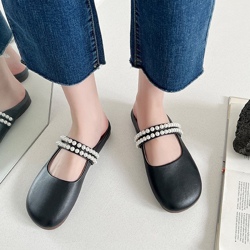 Dép bít mũi IELGY đế bằng đính ngọc trai giả màu trơn đơn giản thời trang cho nữ