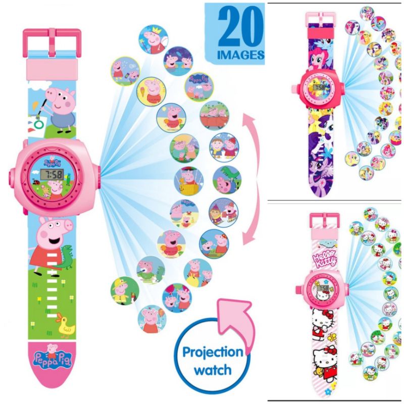 Đồng hồ chiếu hình điện tử bé gái hoạt hình heo Peppa Mèo Kitty ngựa Pony