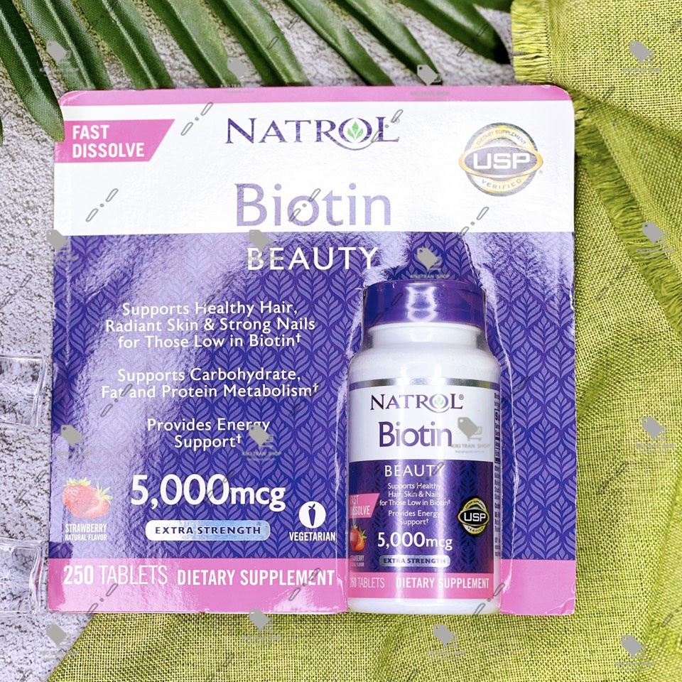 Viên ngậm hỗ trợ tóc khỏe, ra nhanh Natrol Biotin 5000mcg, hộp 250 viên chính hãng Mỹ, vị dâu thơm ngon