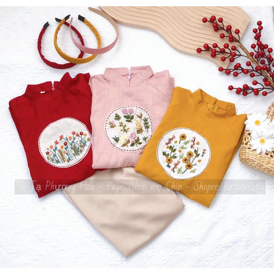 Set Áo Dài Vải Linen Họa Tiết Thêu Tay Cho Bé Gái