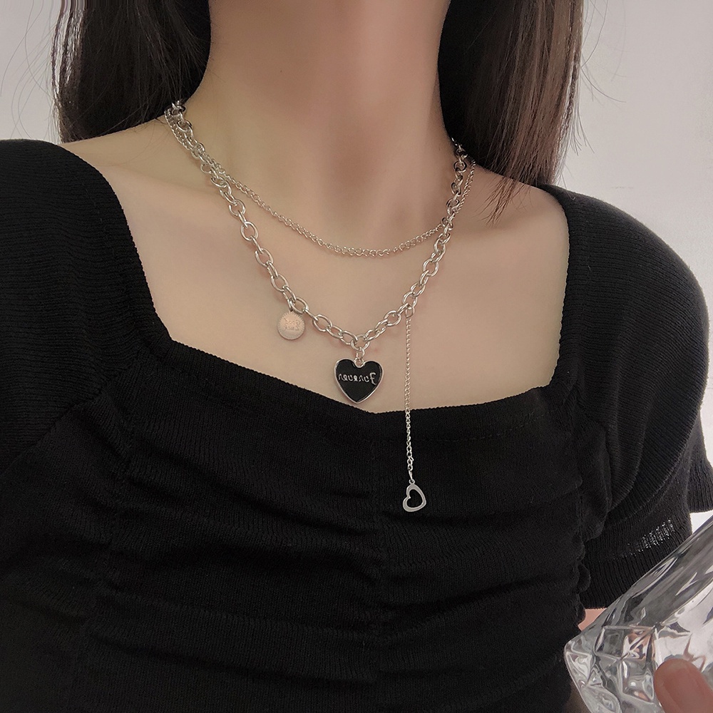 Vòng cổ Hai Lớp Hình Trái Tim Màu Đen Phong Cách Hip Hop Hàn Quốc Thời Trang