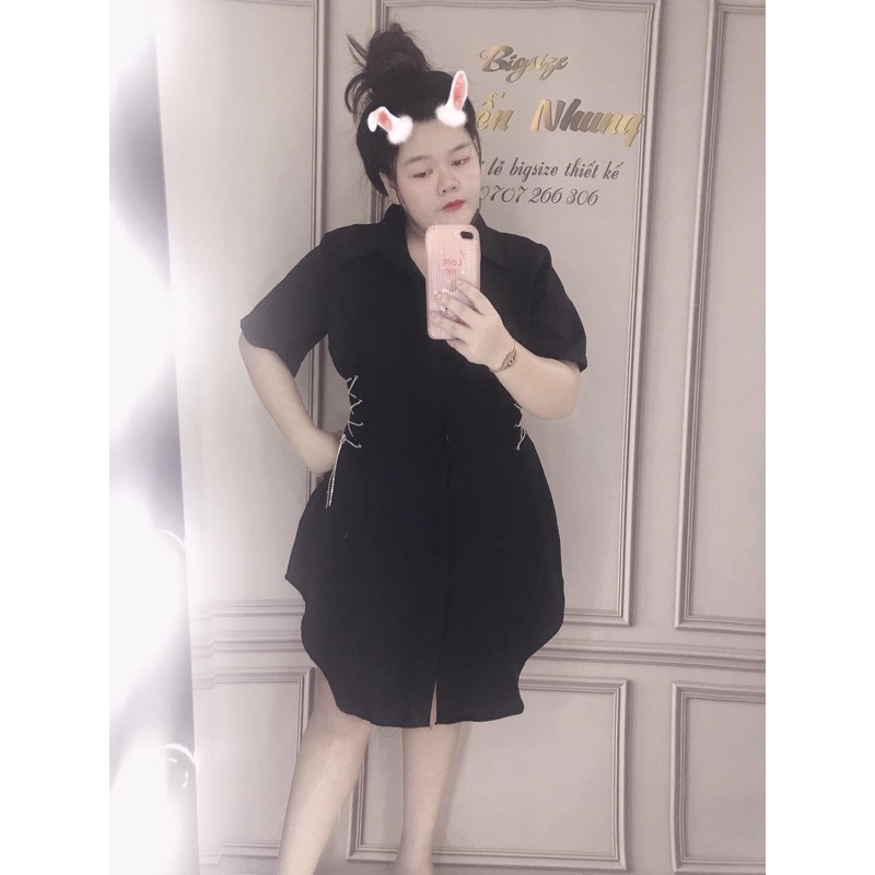 [Shop bigsize nữ 60kg-90kg] Đầm sơ mi đan dây eo sành điệu màu đen/ trắng/ nâu (tay ngắn)