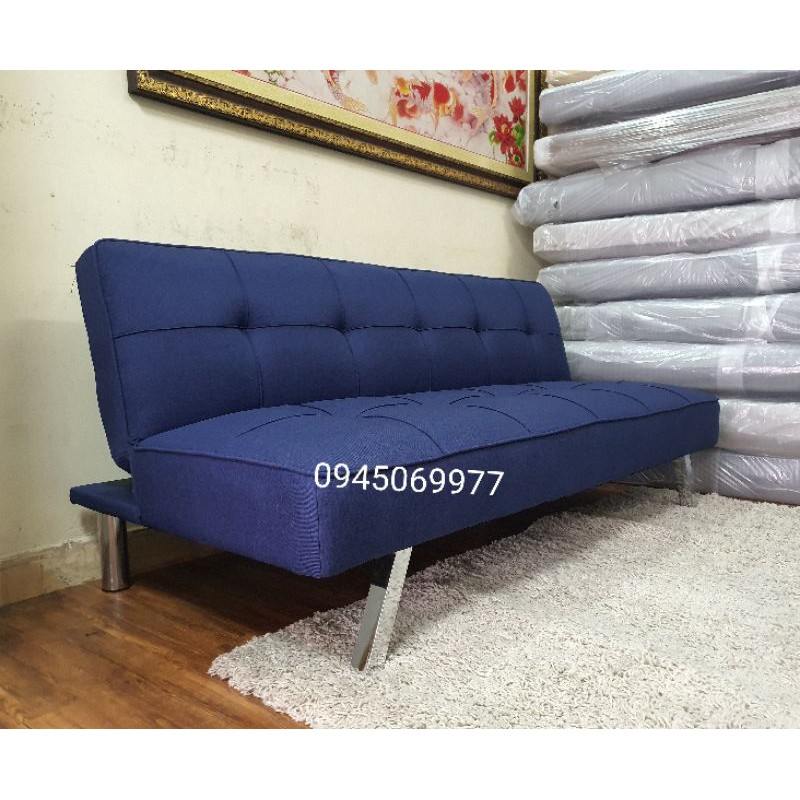 SOFA GIƯỜNG MÀU XANH NAVY CHÂN INOX - VẢI BỐ MỊN