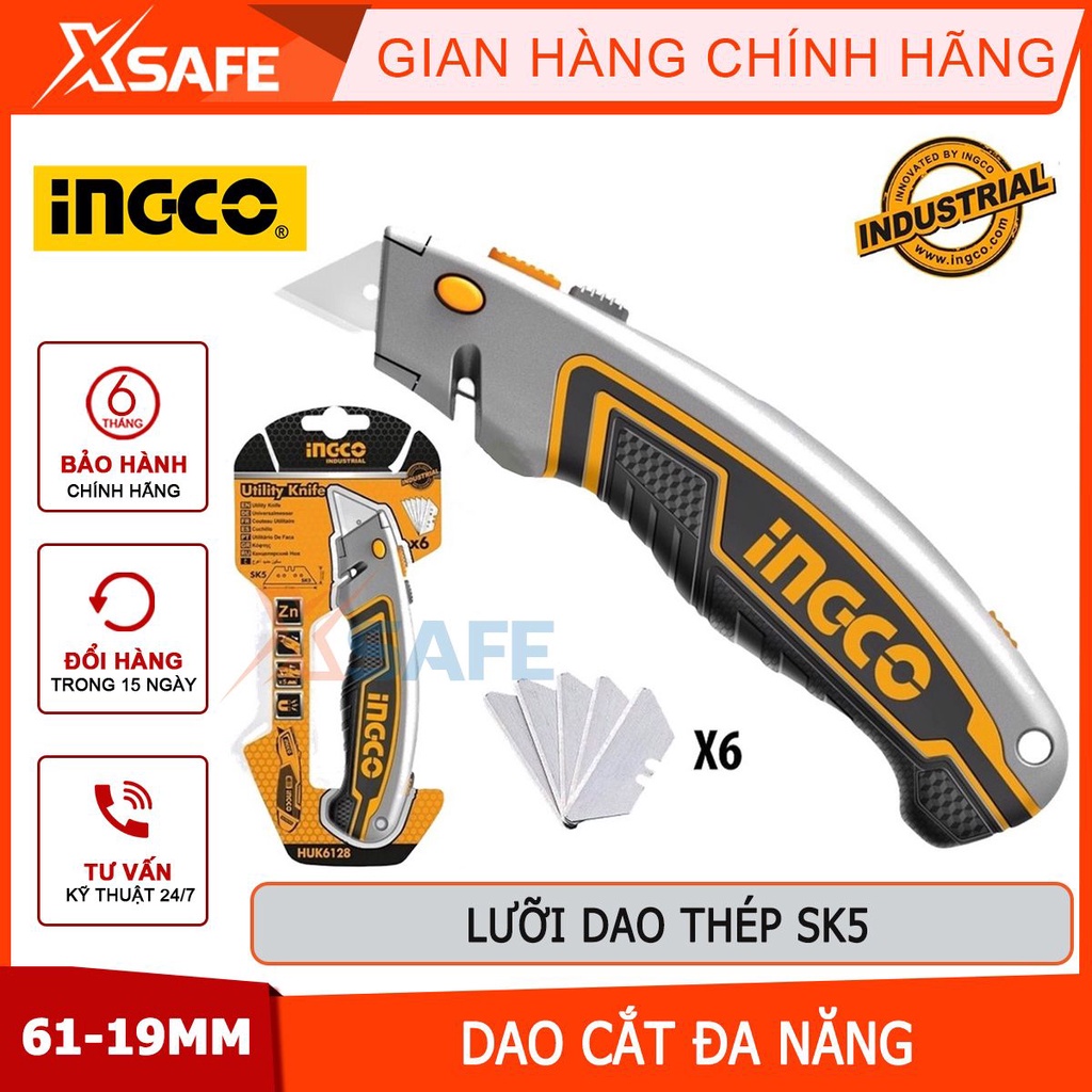 Dao cắt rọc đa năng INGCO HUK6128 lưỡi SK5, kích thước lưỡi dao 61x19mm, kèm theo 5 lưỡi [CHÍNH HÃNG][XSAFE]