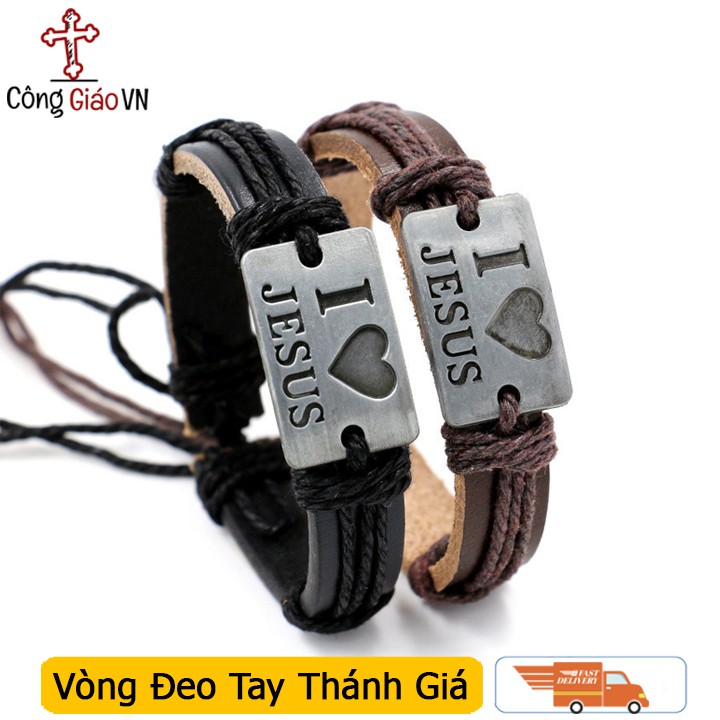 Vòng Da Thánh Giá I Love Jesus Cao Cấp, Vòng Da Công Giáo Handmade Thời Trang
