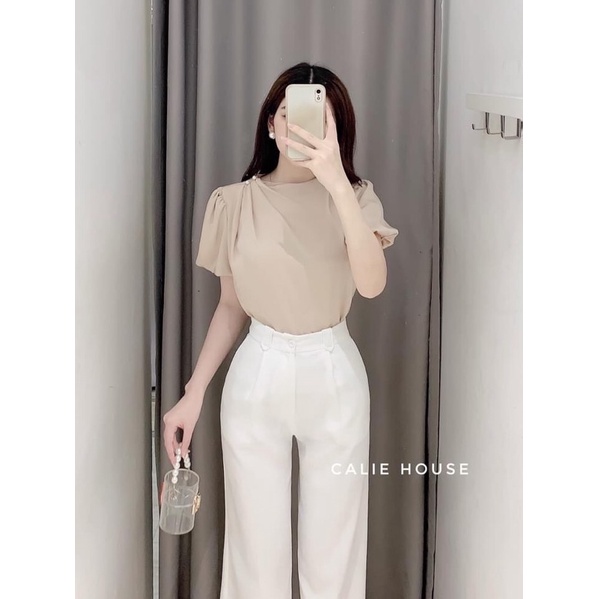 ⚡️BÁN SỈ⚡️Áo sơmi lụa nhún vai cúc ngọc 2 màu be nâu