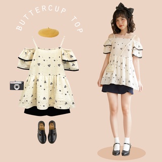 Bleubird áo trễ vai vải thô lụa in hoa buttercup top