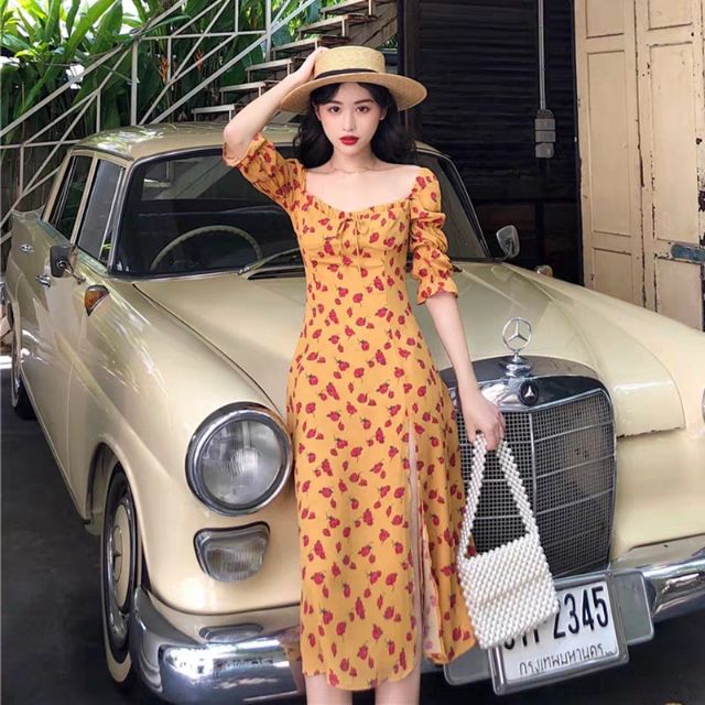 Maxi cổ rút vuông hoa hồng chẻ đùi size SML