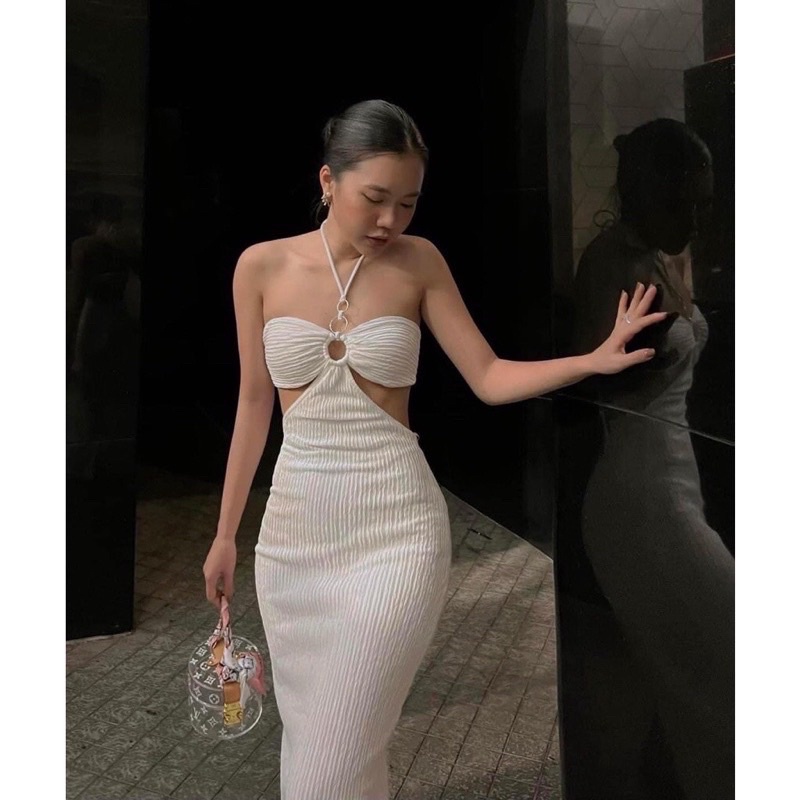[FREESHIP] Đầm nữ dài chất xốp khoen ngực cột dây hở lưng sexy sẵn mút nhiều màu
