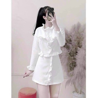 Sét bộ đũi áo kiểu cổ tròn phối bèo kèm chân váy