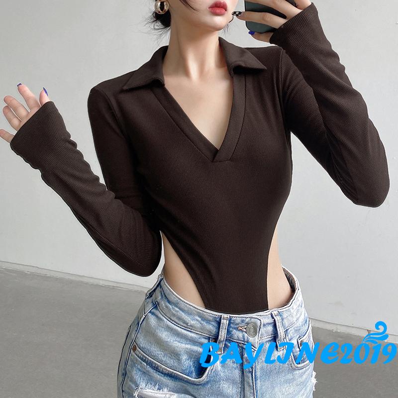 Áo liền thân tay dài cổ V màu trơn gợi cảm size S/M/L cho người lớn