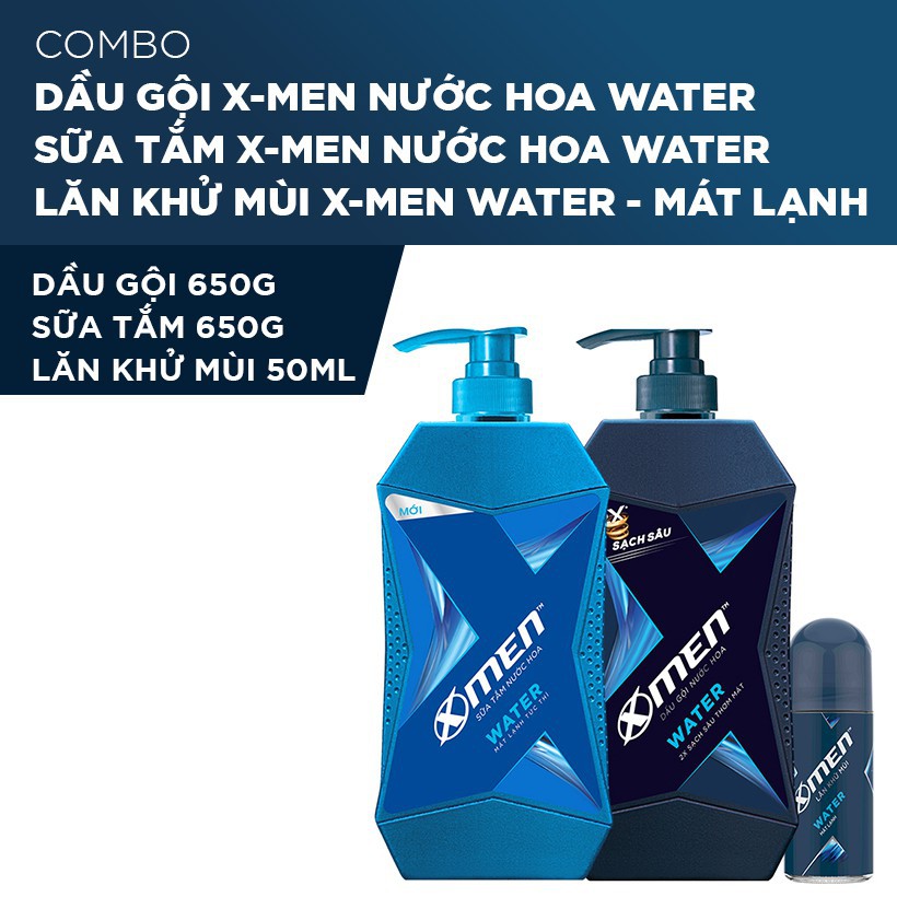 X-MEN -   Combo Dầu Gội 650G, Sữa Tắm XMen Nước hoa Water 650G+Lăn khử mùi (Xmen Water) - Giá Sỉ