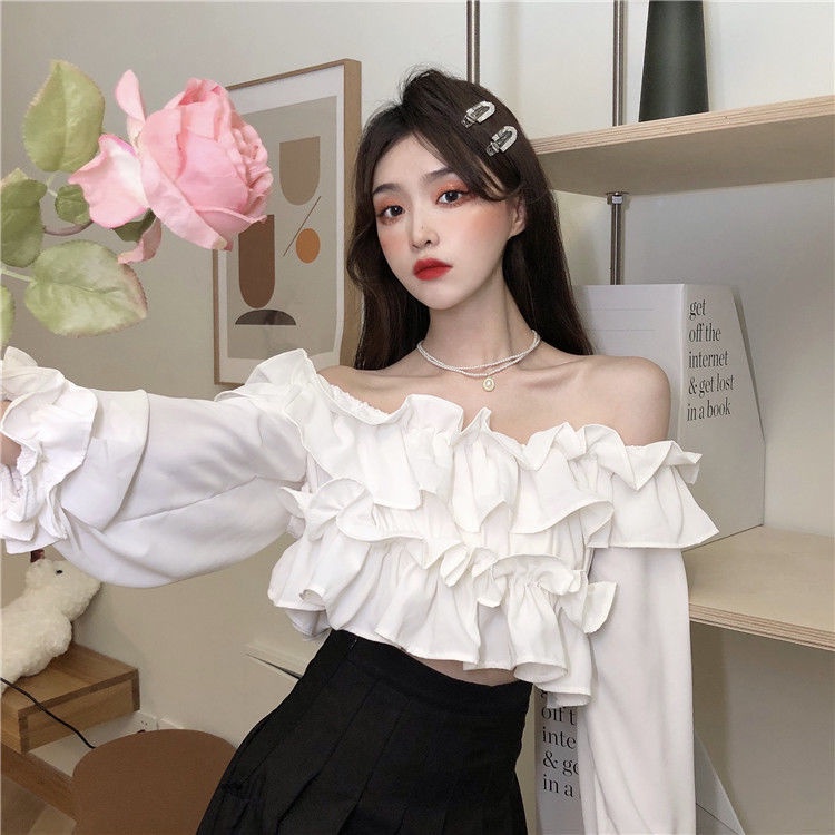 Áo Kiểu Tay Dài Trễ Vai Phối Bèo Thời Trang Pháp Mới Thanh Lịch Cho Nữ