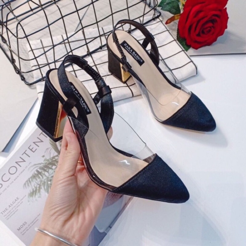 Sandal bít mũi da lộn phối mika cao cấp gót vuông bọc vàng 7p