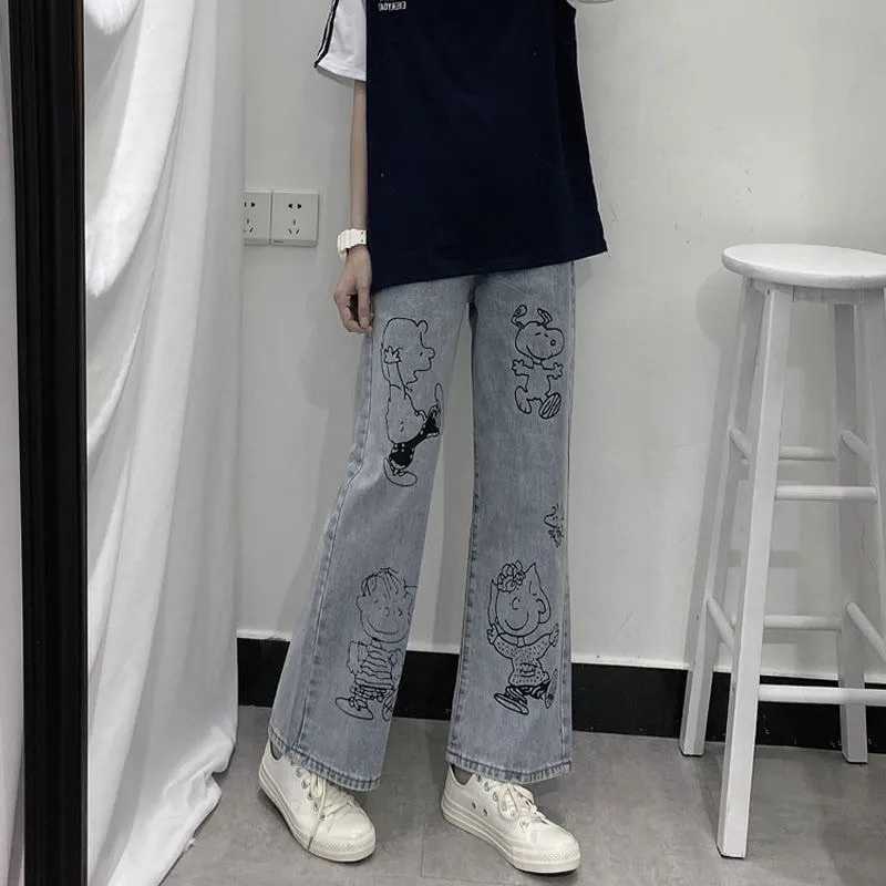 Quần jeans ống suông rộng hoạ tiết hoạt hình Phong cách Ulzzang Hàn Quốc