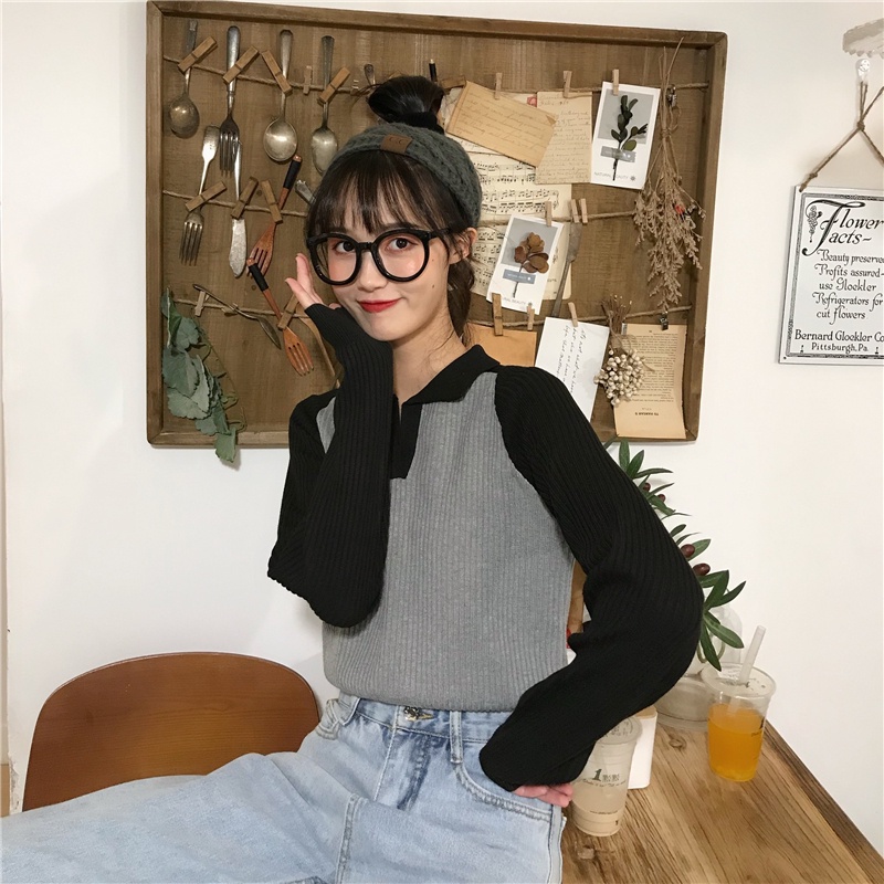 Áo kiểu ZHELIHANGFEI tay dài cổ polo dáng ngắn hở rốn dệt kim dễ phối đồ phong cách đi học thời trang