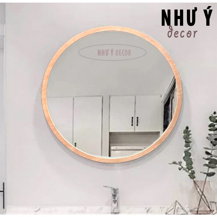 Gương soi nhà tắm tròn viền gỗ treo tường cao cấp D40- Gương tròn decor phòng tắm hoặc phòng ngủ