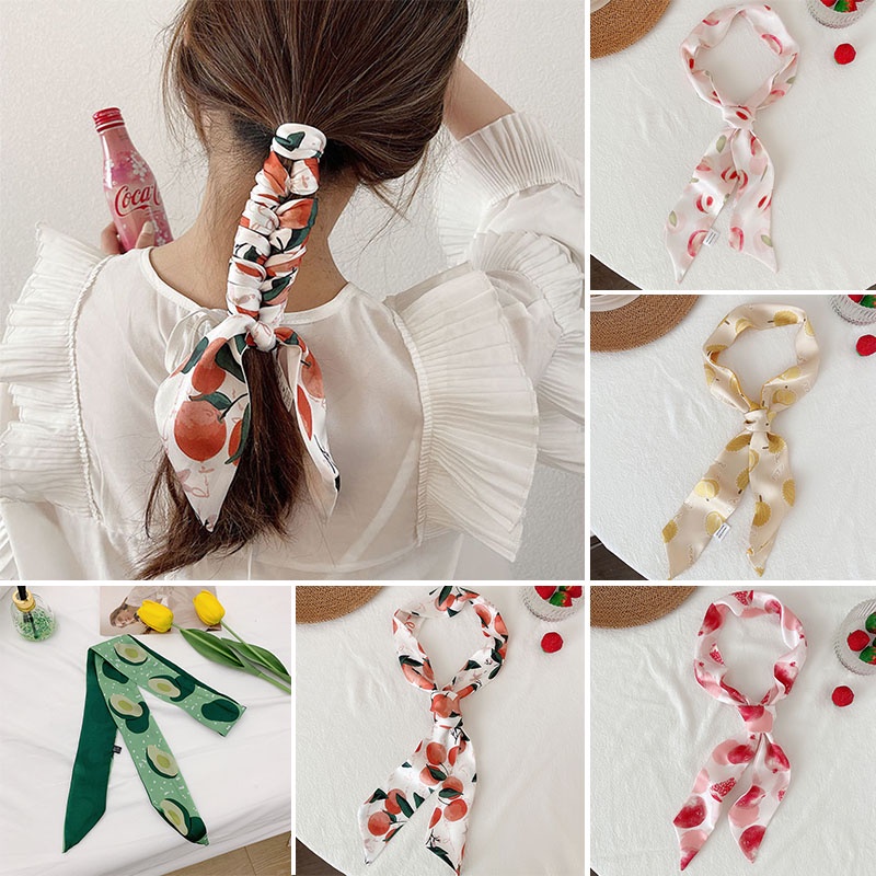 Khăn buộc tóc bằng lụa in họa tiết trái cây phong cách Pháp thanh lịch cho nữ