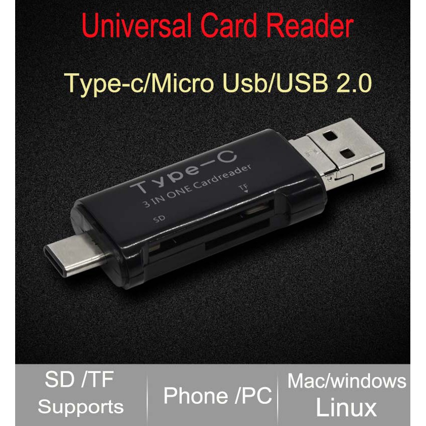 Đầu đọc thẻ nhớ SD TF Micro 3 trong 1 cho Type C USB-C USB2.0 /Micro USB /USB3.1