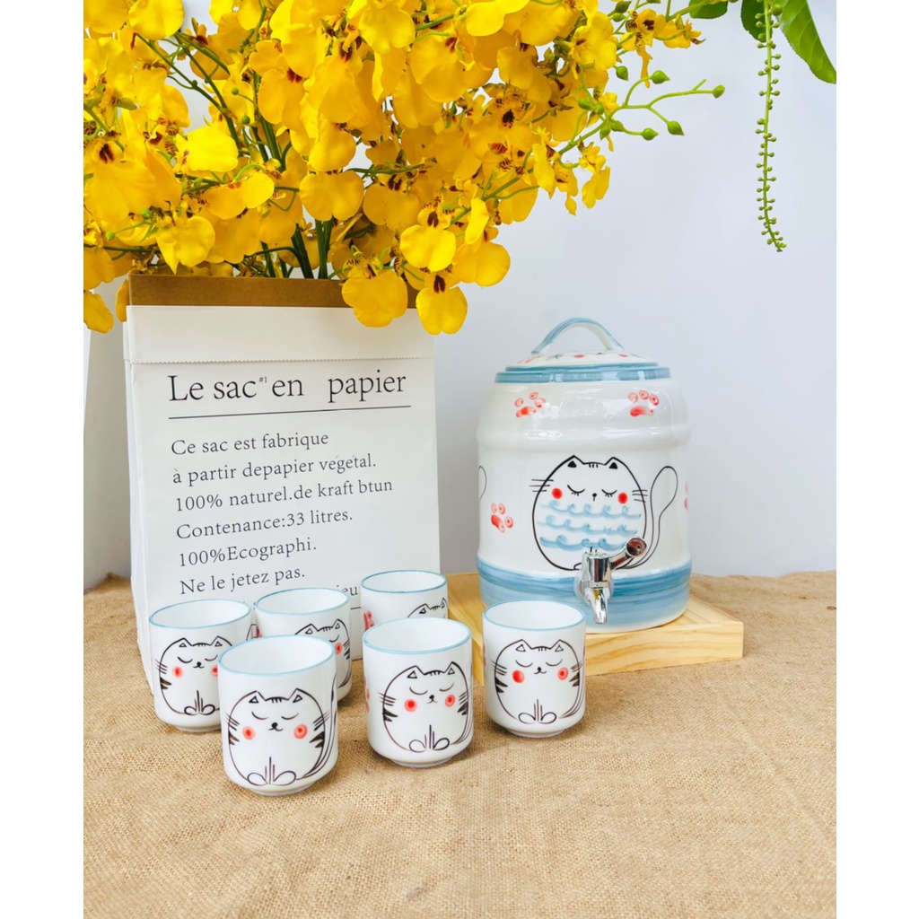 Bộ bình uống nước họa tiết ngộ nghĩnh vẽ tay Bát Tràng - Bình nước có vòi