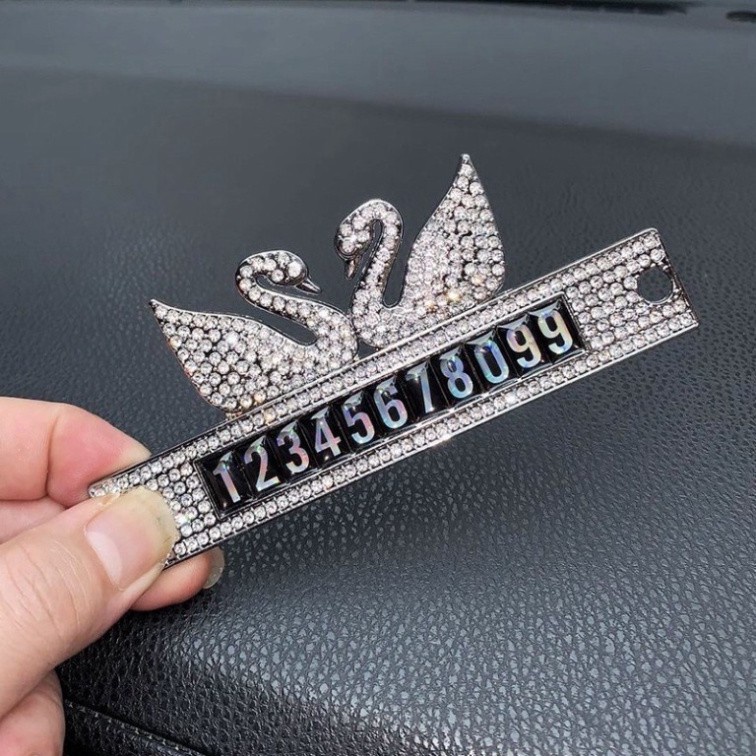 Bảng Số Điện đính đá 2 thiên nga sang trọng- thẻ ghi số điện thoại có hít nhựa gắn kính xe ô tô