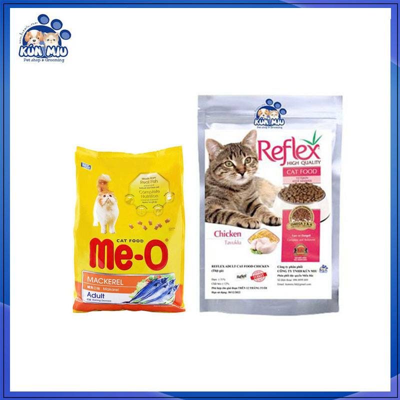 Combo thức ăn Me-o adult 350g vị cá thu và thức ăn mèo reflex adult 500g