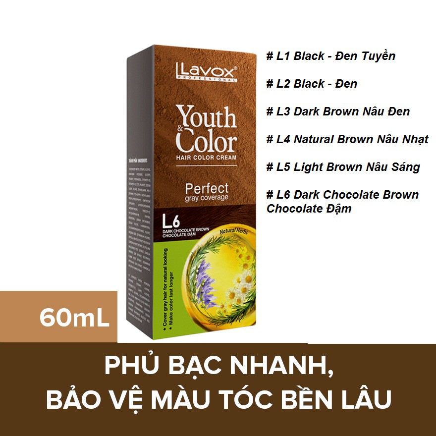 nhuộm phủ bạc Lavox 60ml x2 tự nhiên 100% màu thảo mộc cao cấp cover gray hair for natural herbs
