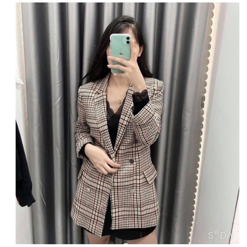 Áo Khoác Dạ Tweet Nữ, Áo Blazer Nữ 2 Lớp Dáng Dài Kẻ Caro - LITTLE KOREA