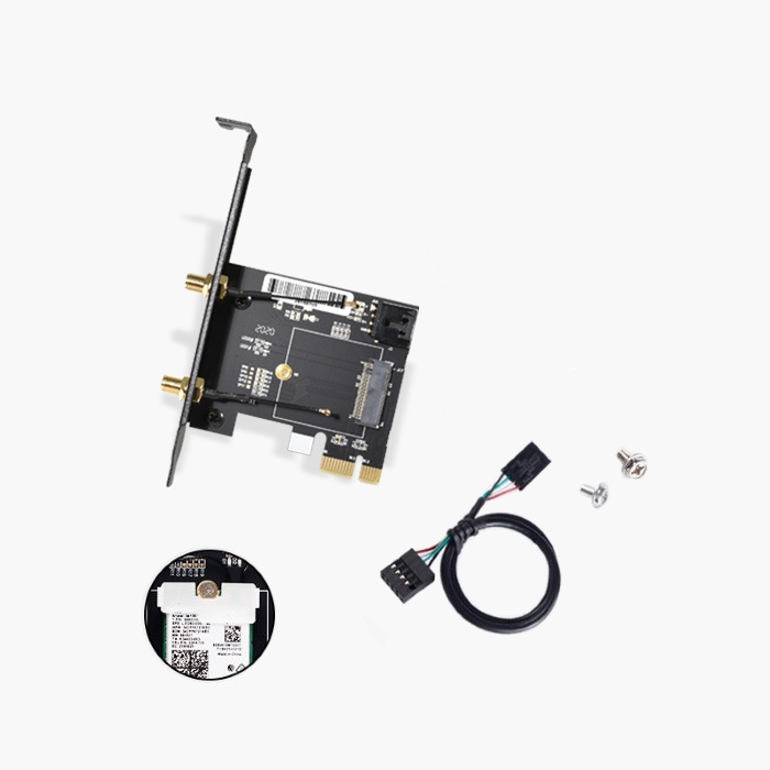 M.2 to PCIE card, hỗ trợ lắp M.2 wifi card, 2 antenna và cáp usb để kết nối bluetooth