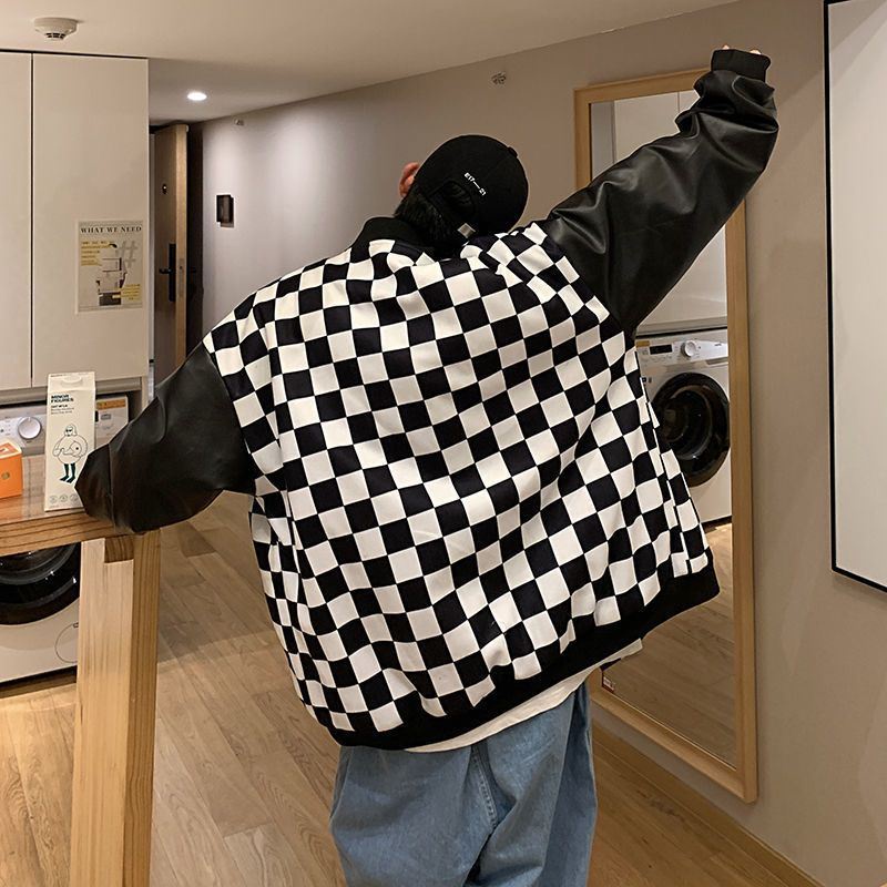 Áo khoác bomber làm từ da họa tiết ca rô thời trang cá tính trẻ trung cho nam và nữ