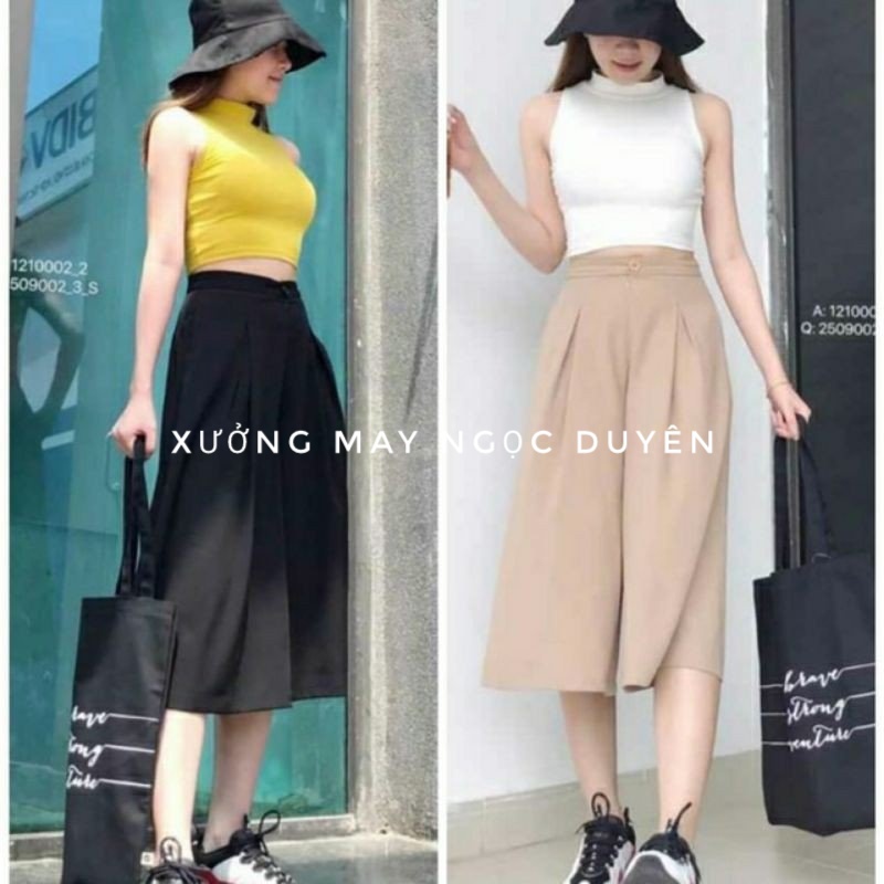 Quần đũi lửng nữ ống rộng cạp cao lưng thun dáng suông đứng cạp chun xếp ly giả váy màu đen trắng kem đi biển chơi ở nhà