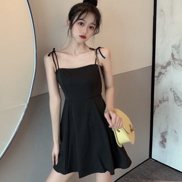 Đầm Ngắn Hai Dây Màu Đen Phong Cách Hàn Quốc Thời Trang Mùa Hè Dành Cho Nữ