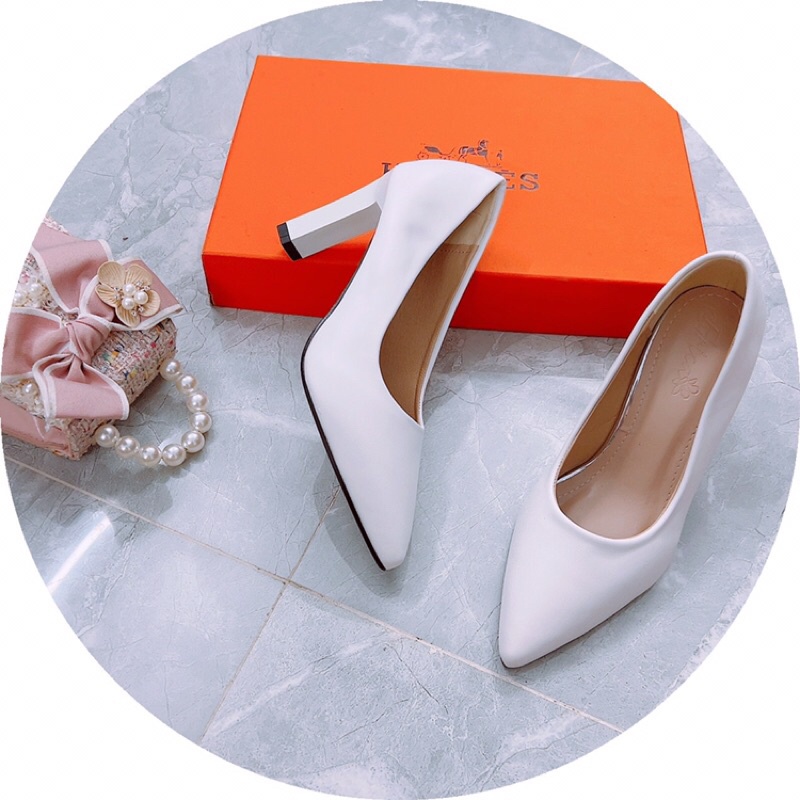 Giày cao gót mũi nhọn trơn da lì gót thanh xuất hàn mẫu mới