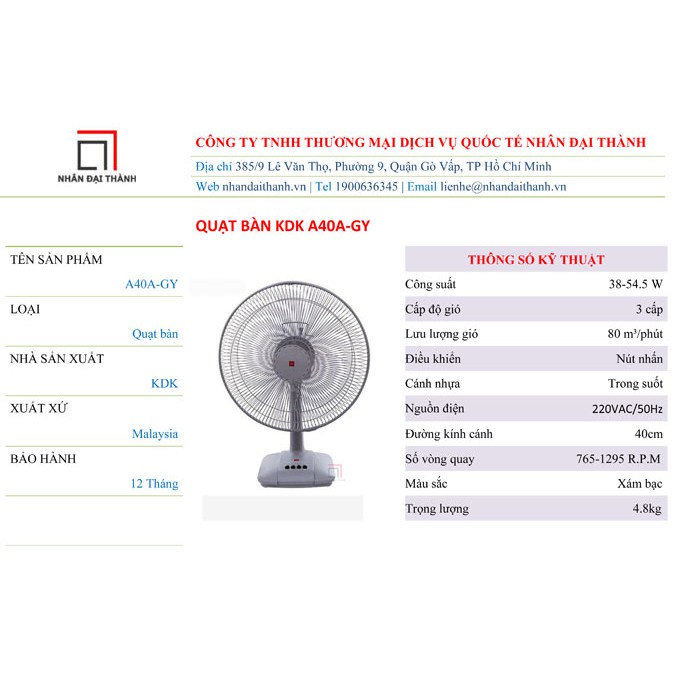 QUẠT BÀN KDK A40A-GY XÁM