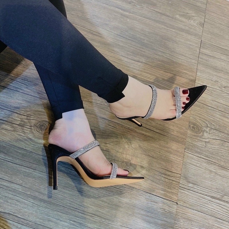 Dép nữ cao gót 9p cao cấp vnxk ,giày sandal mũi nhọn siêu nhẹ 2 quai ngang mảnh đính đá rẻ thời trang đẹp