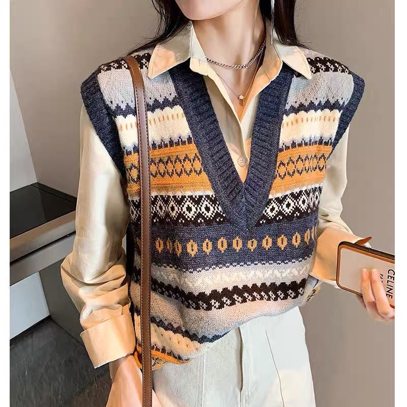 Áo gile len thổ Cẩm cổ V phong cách vintage Hàn Quốc GL01 | BigBuy360 - bigbuy360.vn