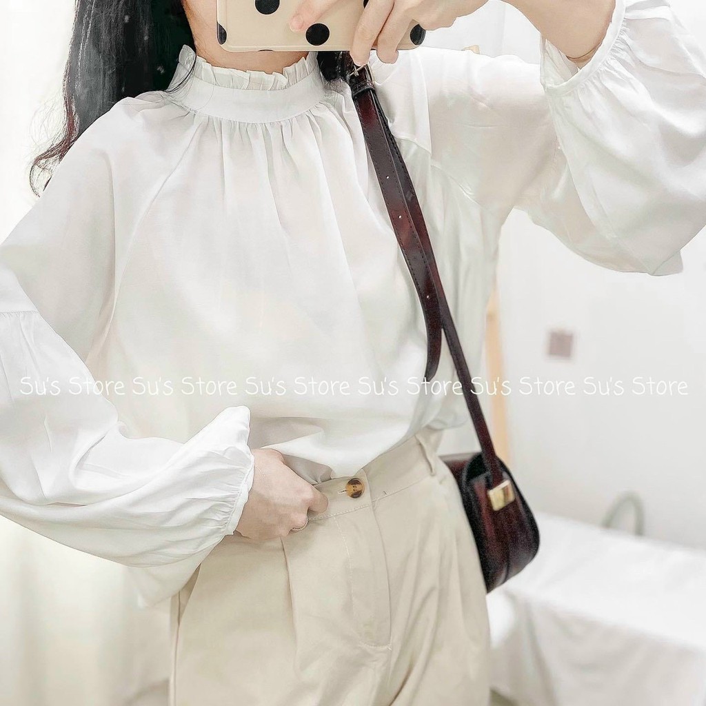 Áo Sơ Mi Voan Lụa Cổ Bo Cài Cúc Tay Bồng Mặc 2 Kiểu Cực Xinh - A.120 | BigBuy360 - bigbuy360.vn