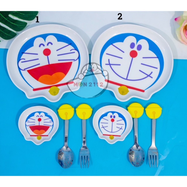 [COMBO CHÍNH HÃNG] BỘ DĨA SỨ 1 LỚN + 1 NHỎ KÈM MUỖNG NĨA INOX DORAEMON DOREMON