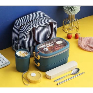 Hộp cơm giữ nhiệt 2 tầng inox 304 đã bao gồm cốc, bộ thìa và túi giữ nhiệt ( hàng order 15-18 ngày)
