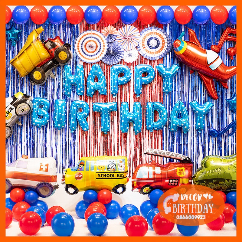 Set Trang Trí Sinh Nhật CHỦ ĐỀ Ô TÔ Bóng Dày Dặn, Màu Sắc Đẹp, Set Y Hình Tặng Kèm Đồ Bơm Băng Dính