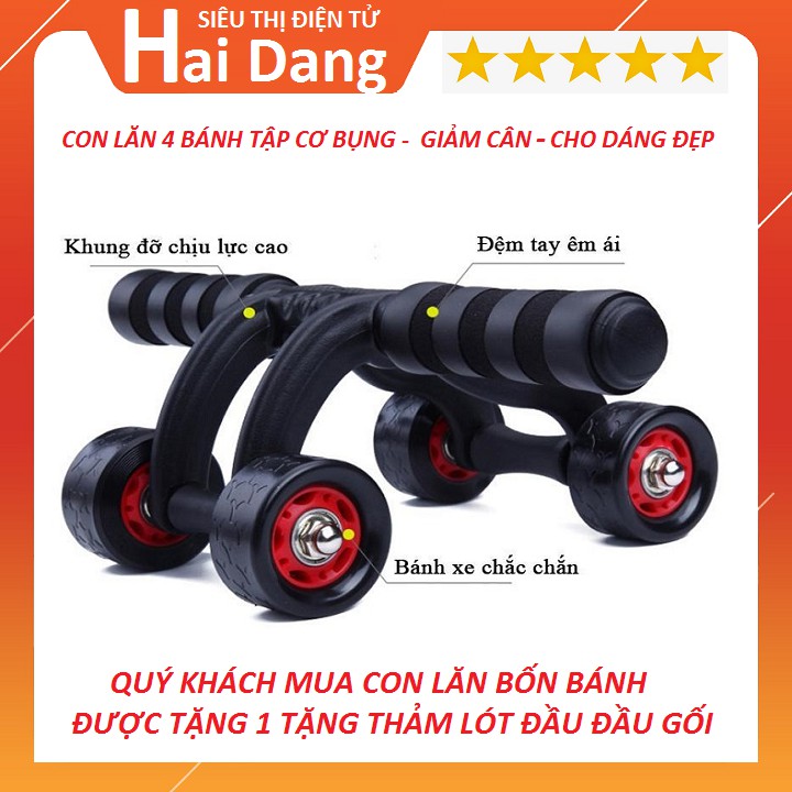 Con Lăn 4 Bánh Tập Bụng, Hỗ Trợ Giảm Cân, Lấy Lại Vóc Dáng, Tặng Miếng Đệm Lót Đầu Gối