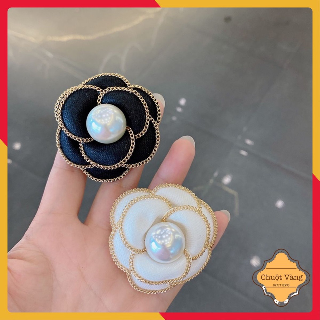 Ghim gim cài áo đính Ngọc trai giả hình hoa trà màu trắng đen thời trang cho nữ